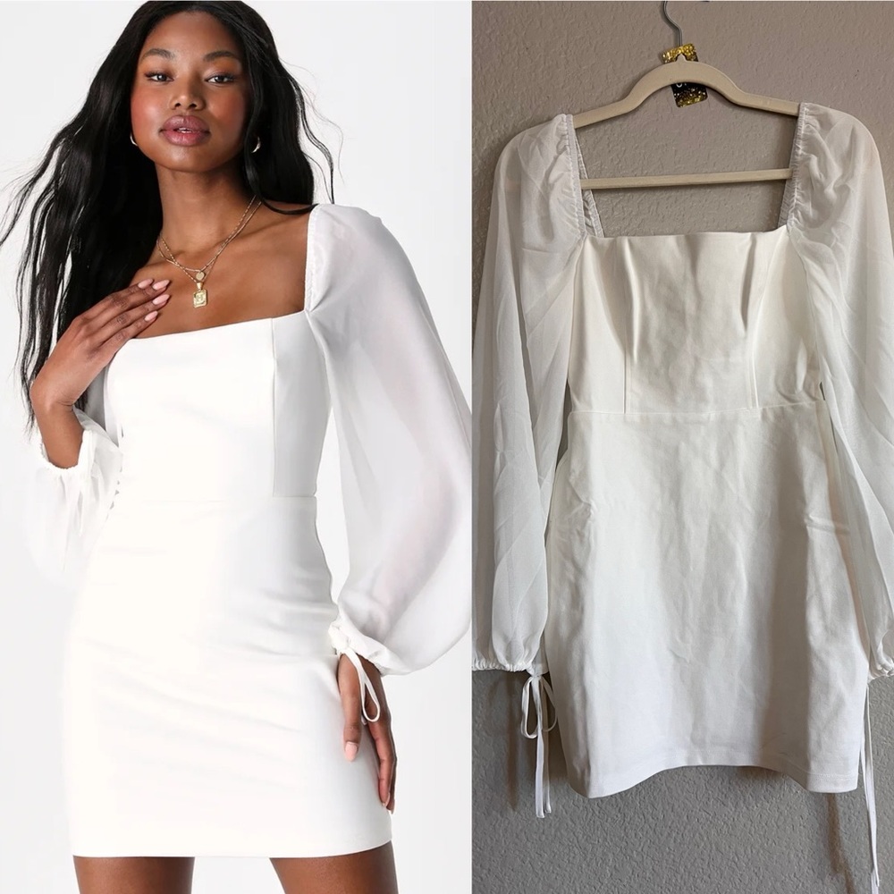 White Lace-Up Balloon Sleeve Mini Dress XS